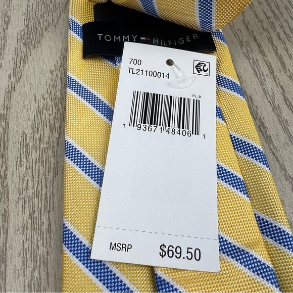 605 - Tommy Hilfiger Tie Yellow Blue Stripes 700 TL21100014 Silk Blend $69.50 - Picture 4 of 5